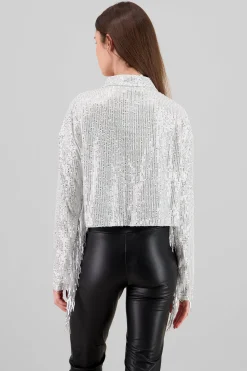 Shasa Fringe and Glitter Denim Jacket
