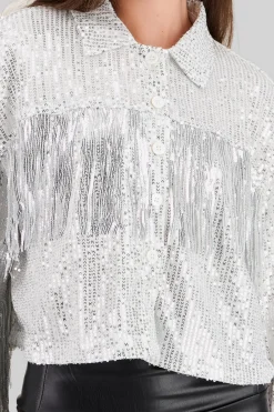 Shasa Fringe and Glitter Denim Jacket