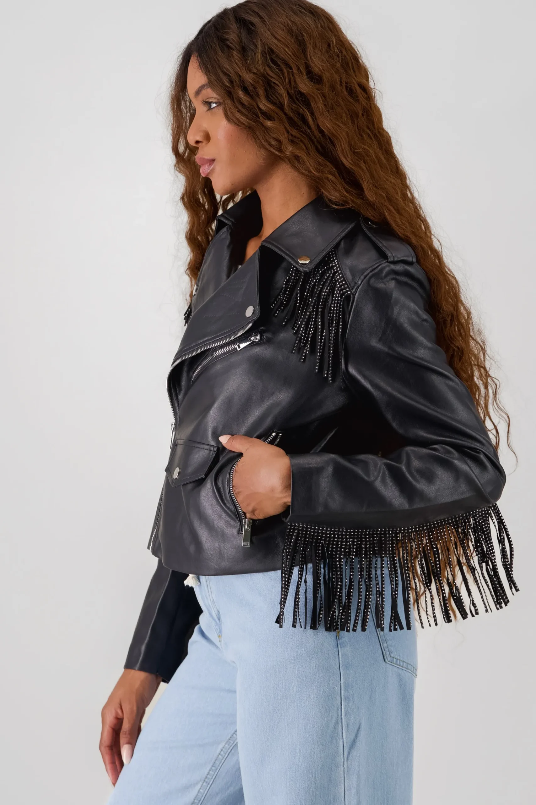 Shasa Fringe Sequin Biker Jacket