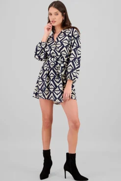 Shasa Geometric Print Long Sleeve Mini Dress