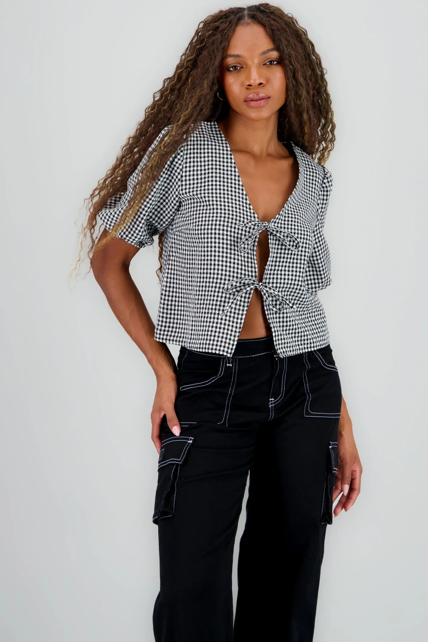 Shasa Gingham Bow Blouse