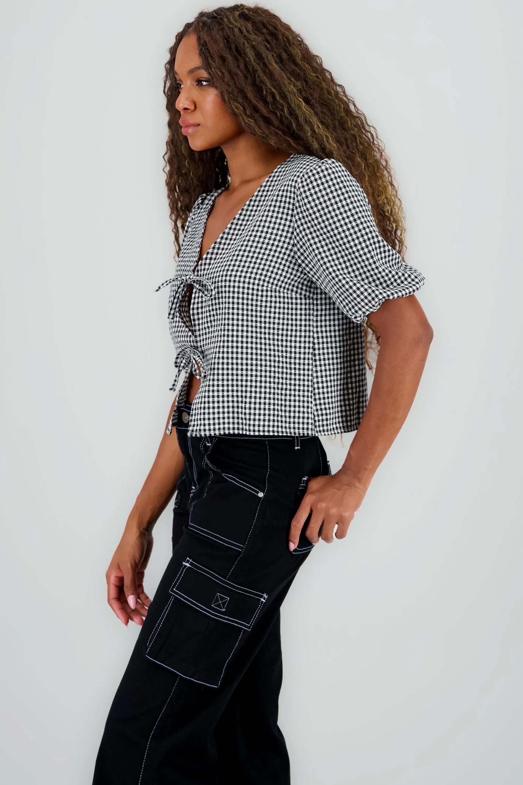 Shasa Gingham Bow Blouse