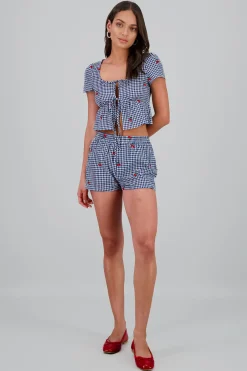 Shasa Gingham Cherry Embroidered Shorts