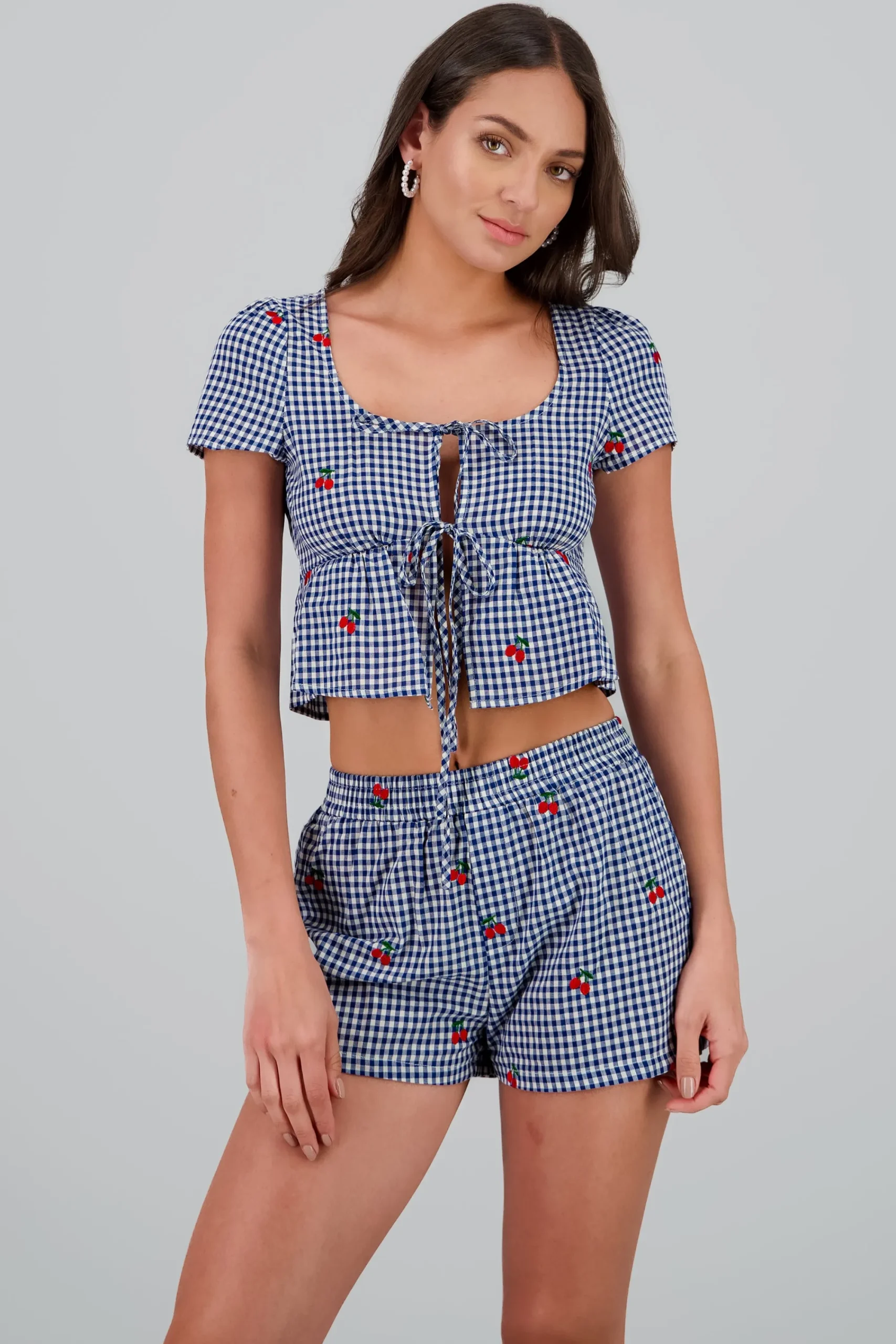 Shasa Gingham Cherry Print Top