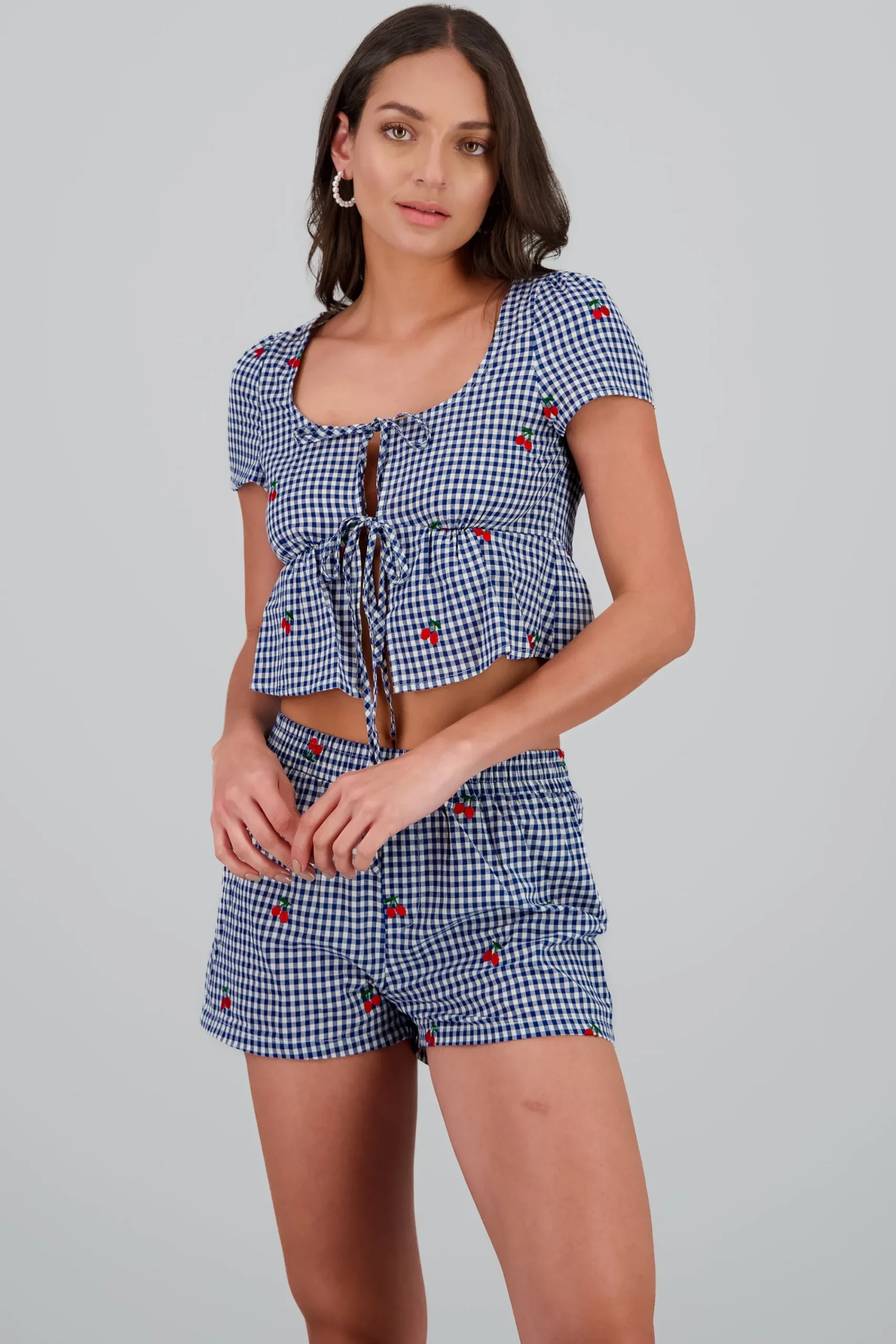 Shasa Gingham Cherry Print Top