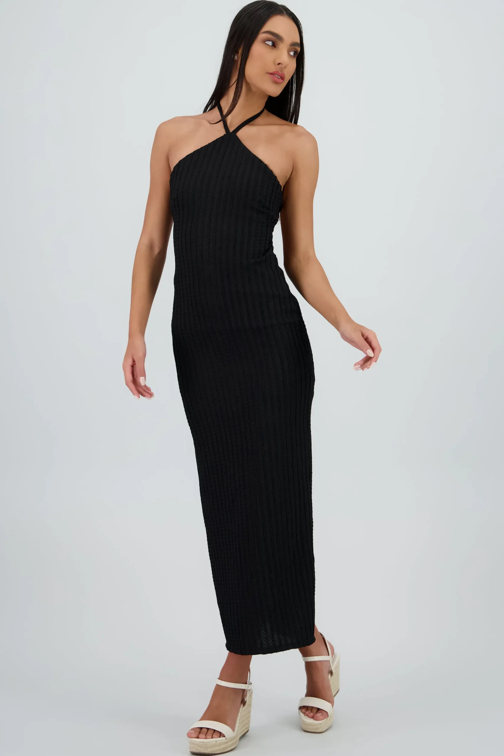 Shasa Halter Textured Open Back Dress