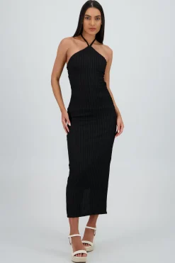 Shasa Halter Textured Open Back Dress