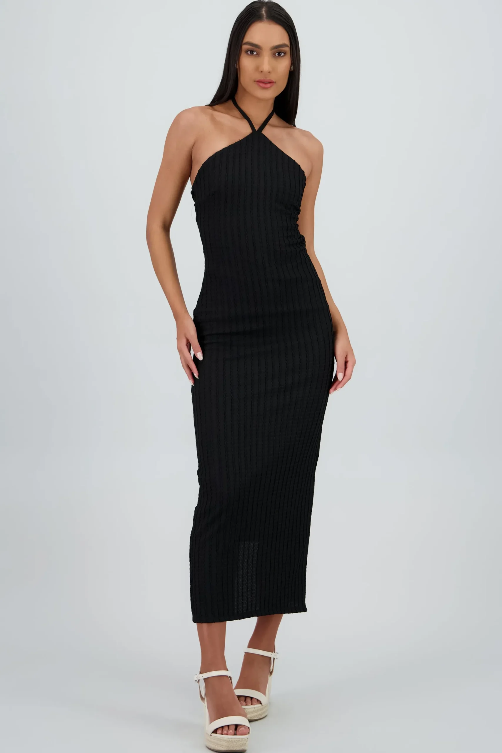 Shasa Halter Textured Open Back Dress