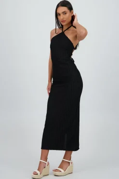 Shasa Halter Textured Open Back Dress