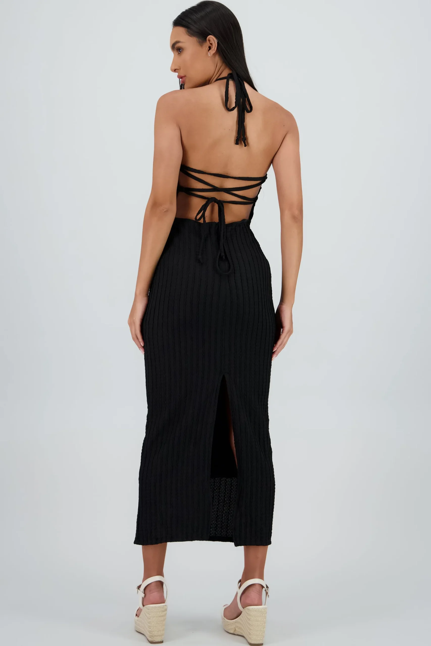 Shasa Halter Textured Open Back Dress
