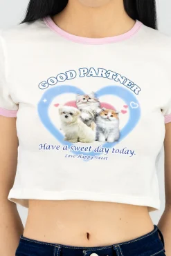 Shasa Kitten Print Contrast T Shirt