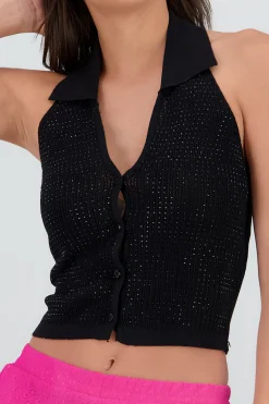 Shasa Knit Polo Top with Shimmer Detail