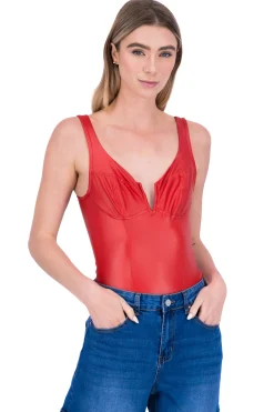 Shasa Leather Open Neckline Bodysuit