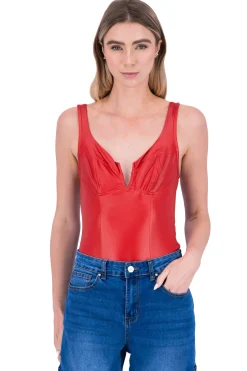 Shasa Leather Open Neckline Bodysuit