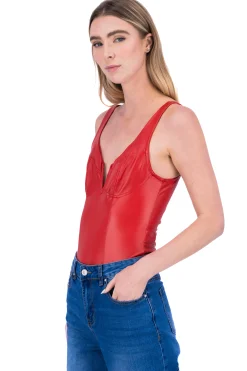 Shasa Leather Open Neckline Bodysuit