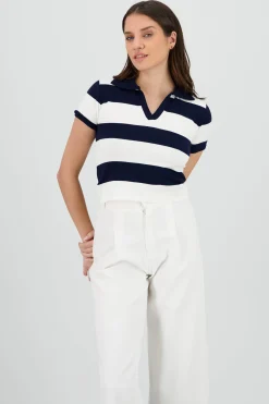 Shasa Lightweight Striped Polo Knit Top