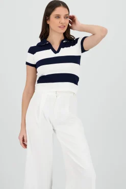 Shasa Lightweight Striped Polo Knit Top
