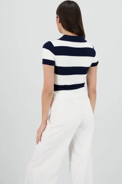Shasa Lightweight Striped Polo Knit Top