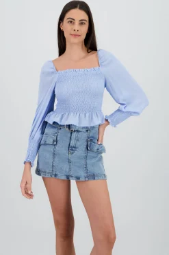 Shasa Long Puff Sleeve Top with Smock Detail