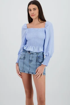 Shasa Long Puff Sleeve Top with Smock Detail