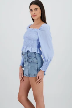 Shasa Long Puff Sleeve Top with Smock Detail