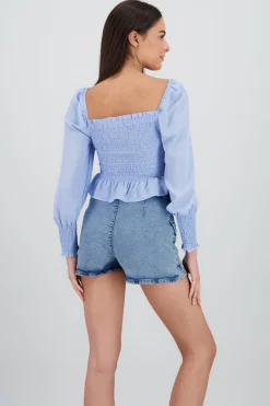Shasa Long Puff Sleeve Top with Smock Detail
