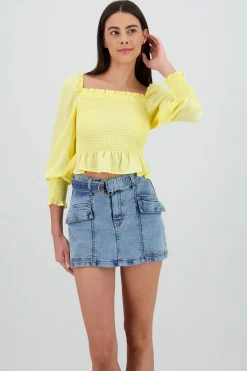 Shasa Long Puff Sleeve Top with Smock Detail