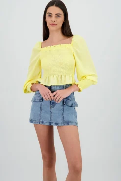 Shasa Long Puff Sleeve Top with Smock Detail