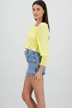 Shasa Long Puff Sleeve Top with Smock Detail