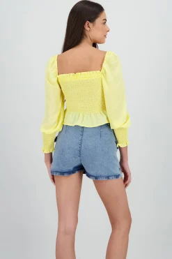 Shasa Long Puff Sleeve Top with Smock Detail