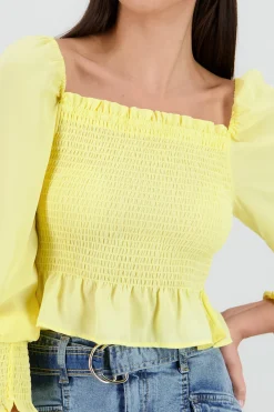 Shasa Long Puff Sleeve Top with Smock Detail
