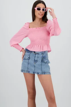 Shasa Long Puff Sleeve Top with Smock Detail