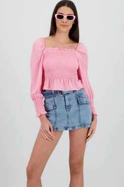 Shasa Long Puff Sleeve Top with Smock Detail