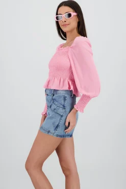 Shasa Long Puff Sleeve Top with Smock Detail