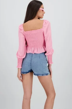 Shasa Long Puff Sleeve Top with Smock Detail