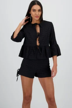 Shasa Long Sleeve Blouse with Textured Bow Details