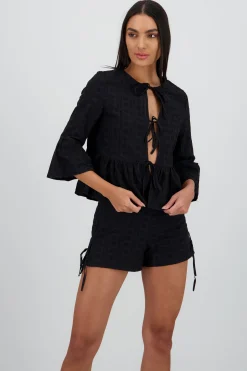 Shasa Long Sleeve Blouse with Textured Bow Details