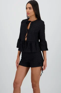 Shasa Long Sleeve Blouse with Textured Bow Details