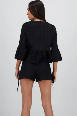 Shasa Long Sleeve Blouse with Textured Bow Details