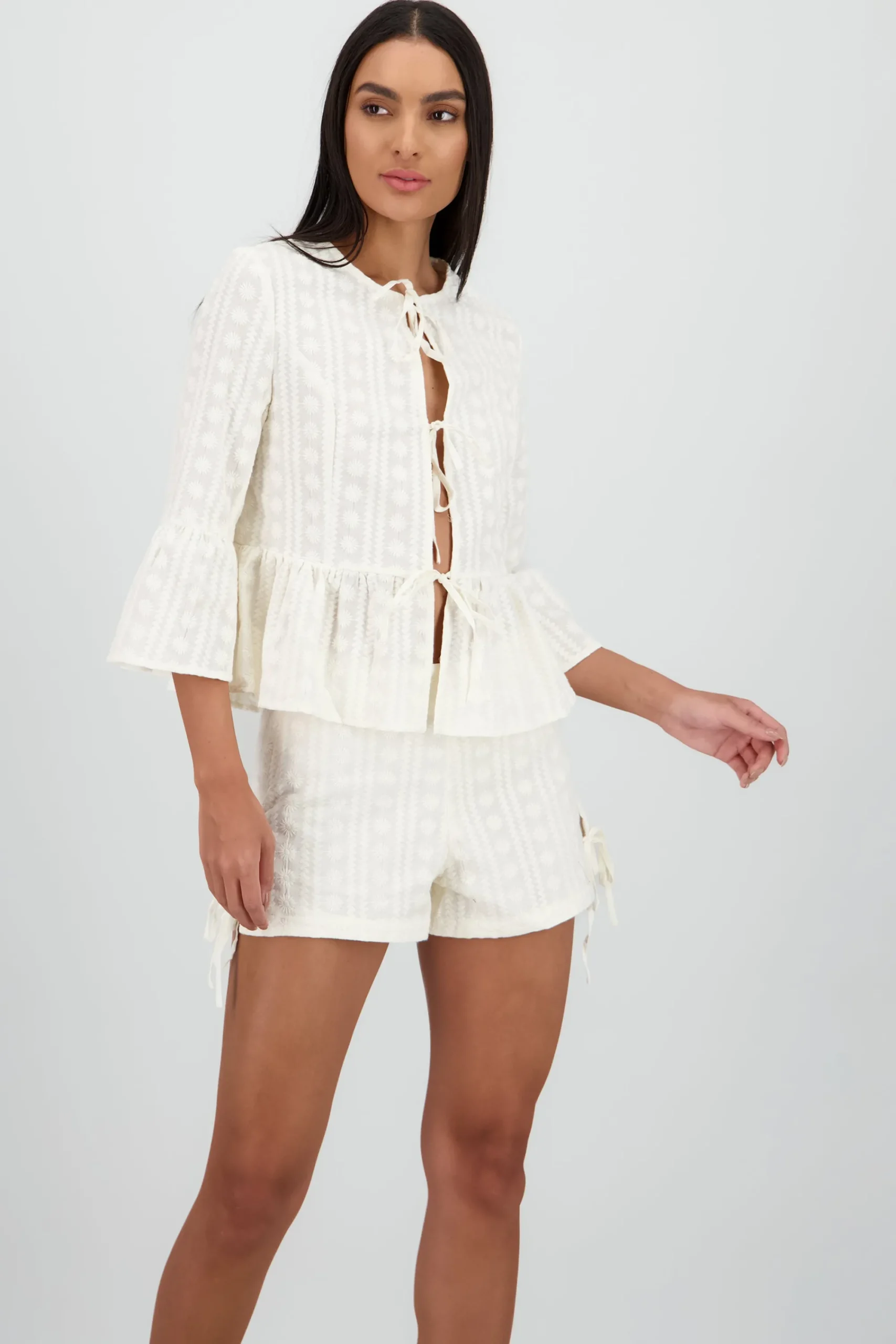 Shasa Long Sleeve Blouse with Textured Bow Details