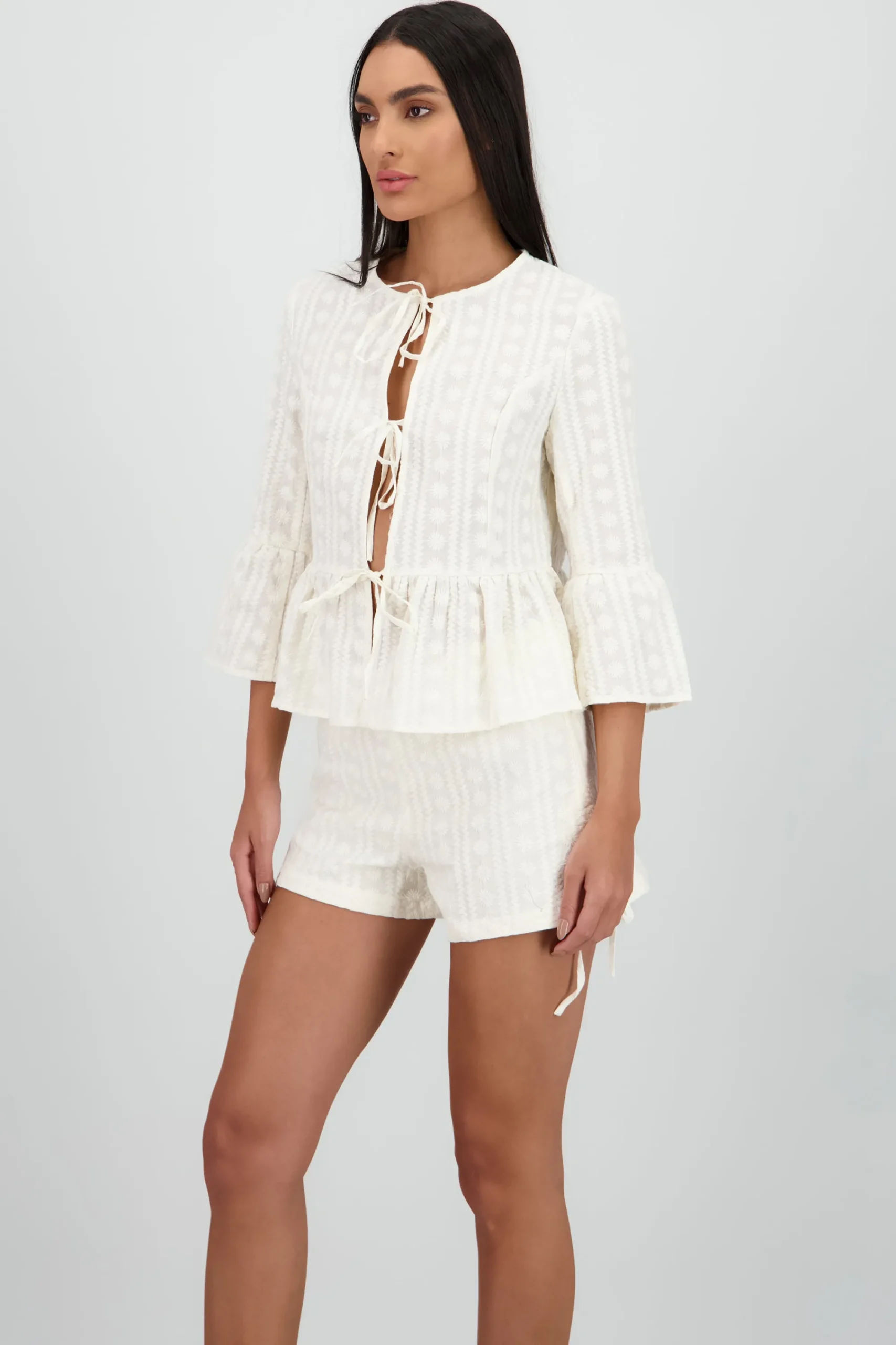 Shasa Long Sleeve Blouse with Textured Bow Details