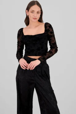 Shasa Long Sleeve Flocked Mesh Blouse