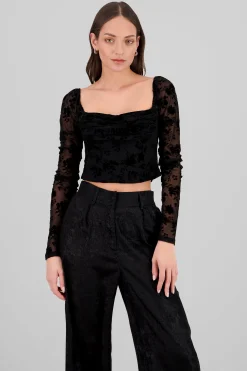 Shasa Long Sleeve Flocked Mesh Blouse