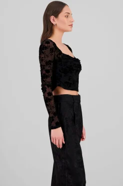 Shasa Long Sleeve Flocked Mesh Blouse