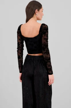 Shasa Long Sleeve Flocked Mesh Blouse
