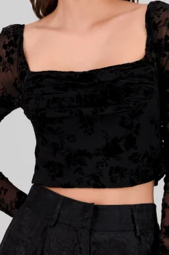 Shasa Long Sleeve Flocked Mesh Blouse