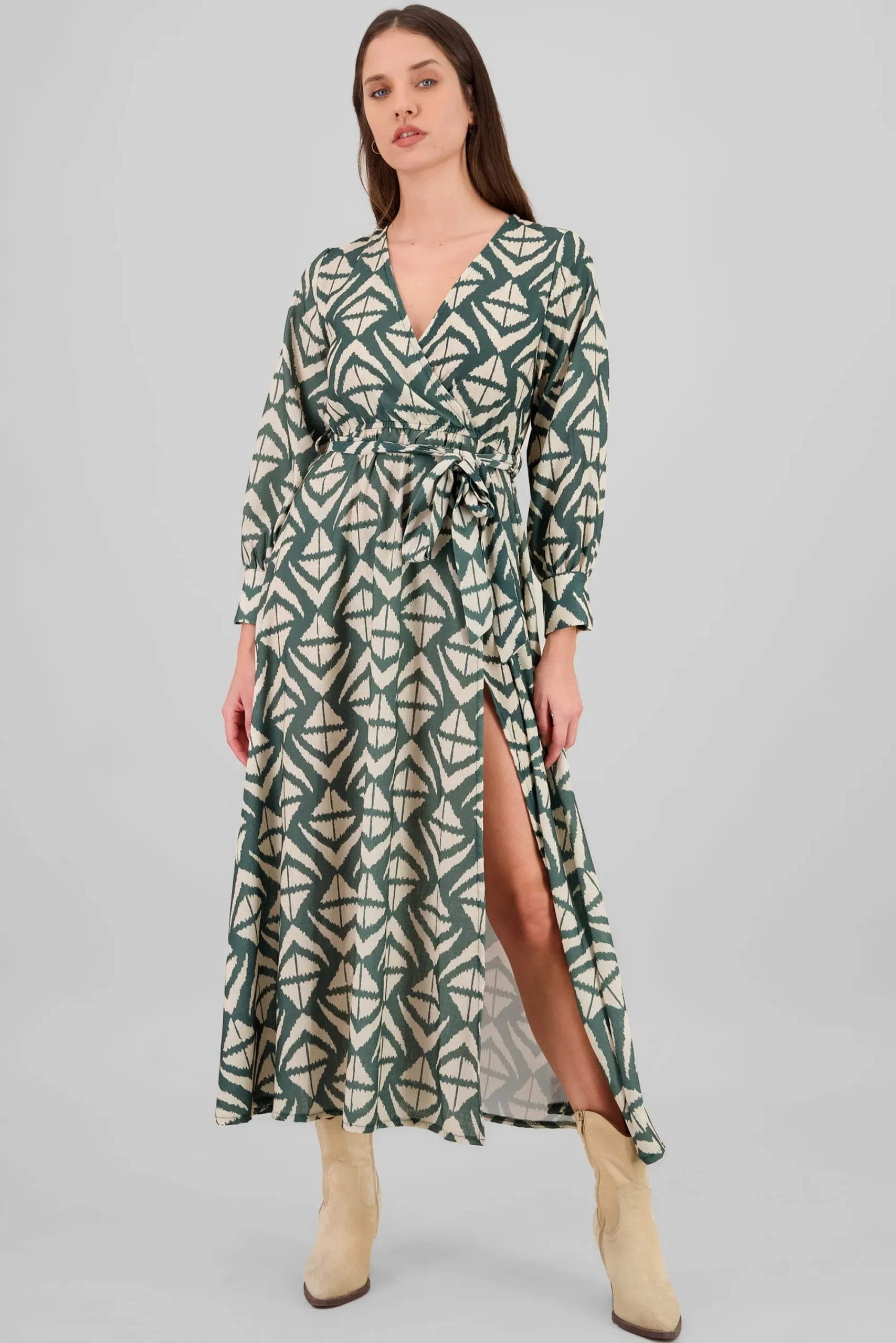 Shasa Long Sleeve Geometric Print Maxi Dress