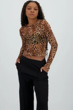 Shasa Long Sleeve Mesh Animal Print Blouse