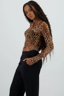 Shasa Long Sleeve Mesh Animal Print Blouse