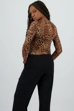 Shasa Long Sleeve Mesh Animal Print Blouse